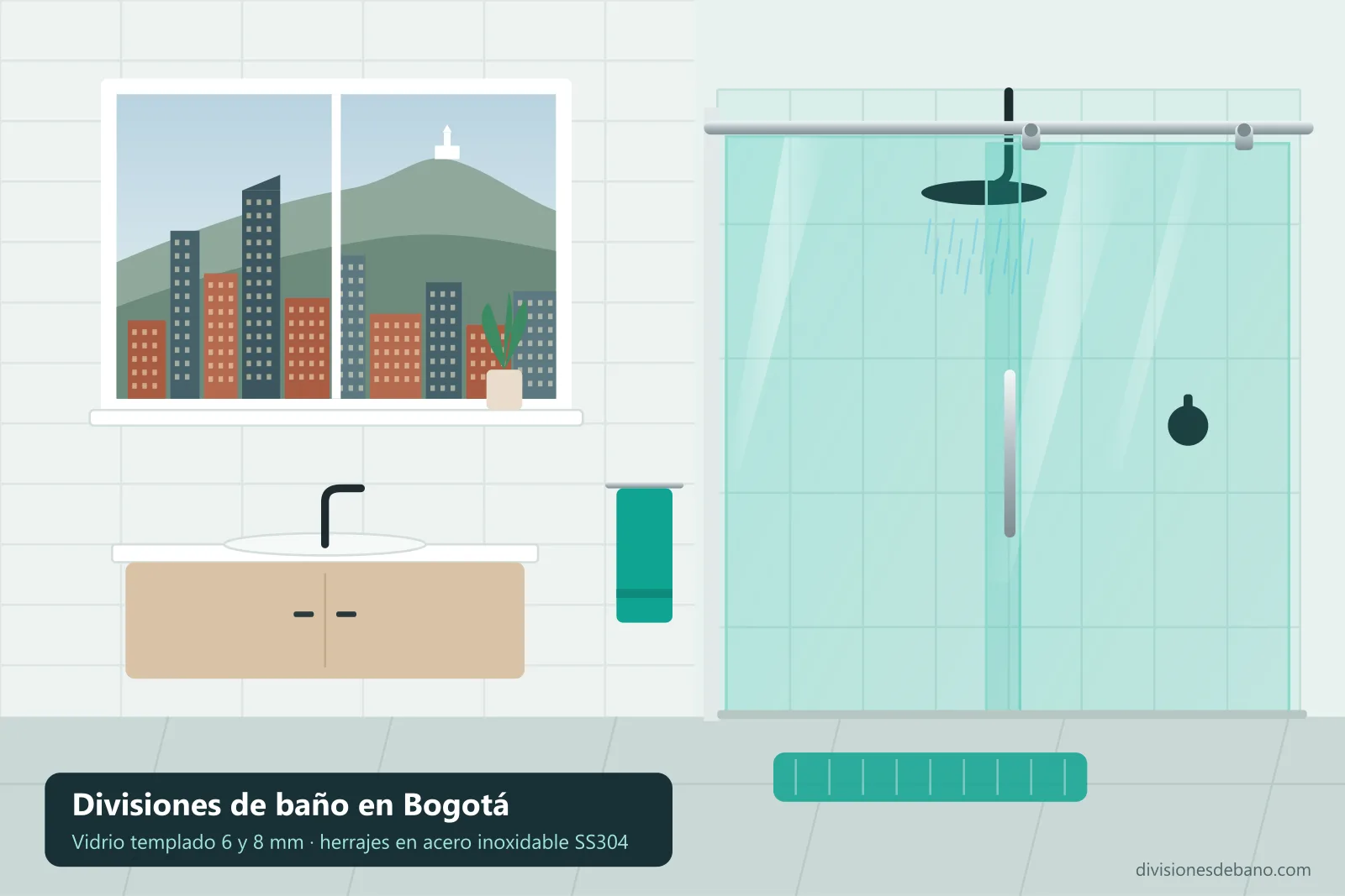 Ilustración de un baño en Bogotá con división de baño corrediza en vidrio templado y herrajes en acero inoxidable SS304; por la ventana se ven Monserrate y los cerros orientales
